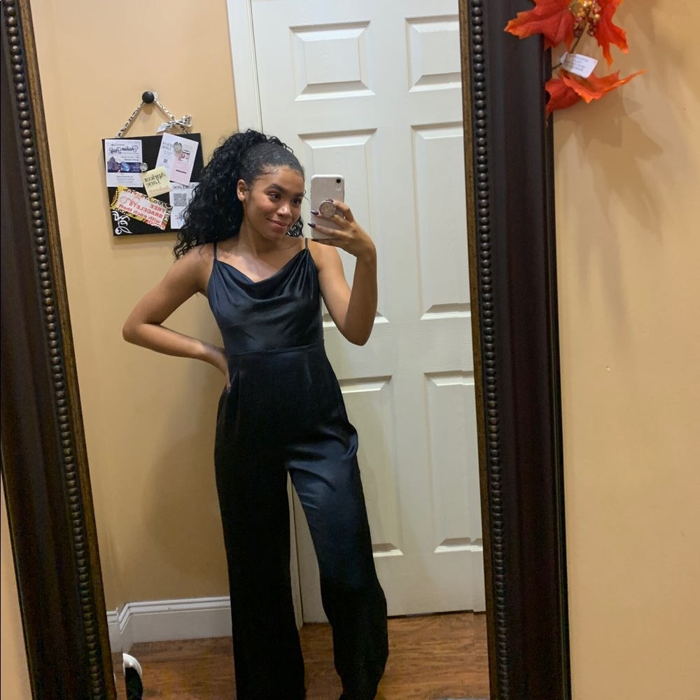 Navy Satin Jumpsuit w/ Pockets